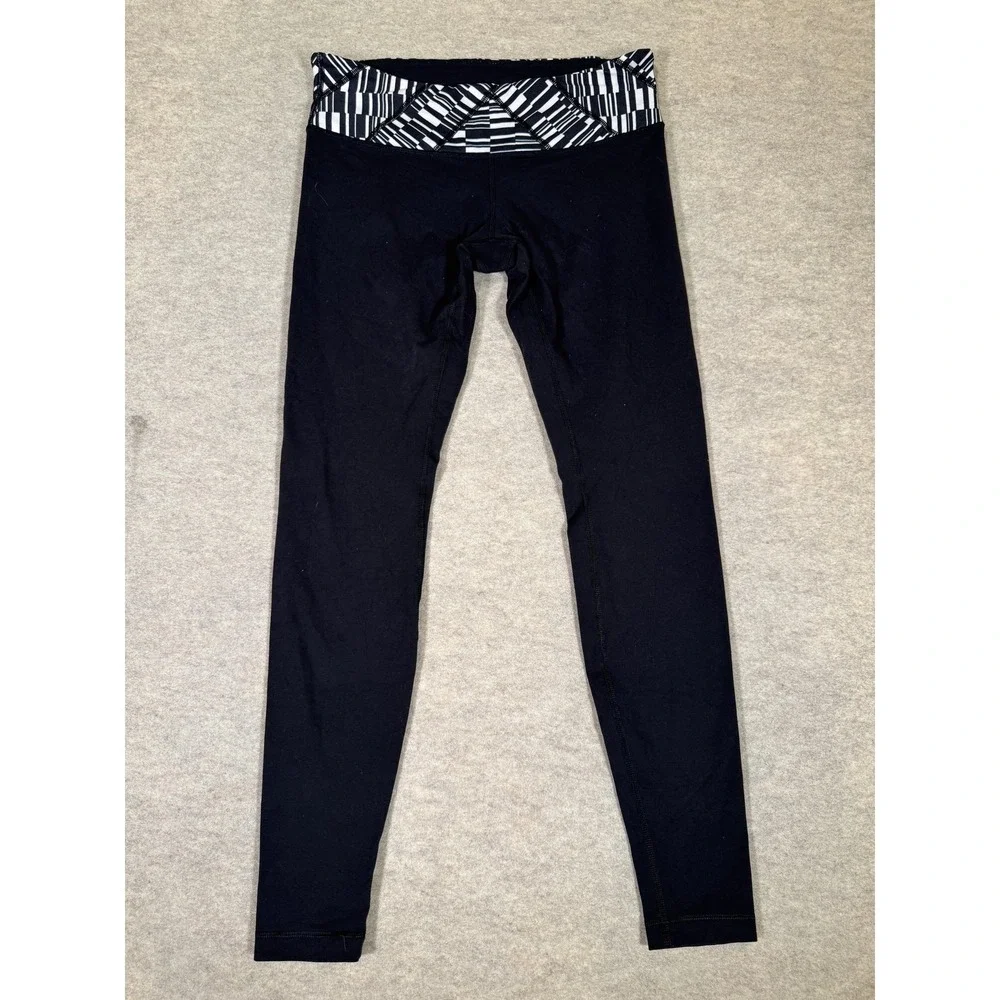 Lululemon Leggings Womens‎ 10 Black Ankle Mid Rise Yoga Gym Print Waistband